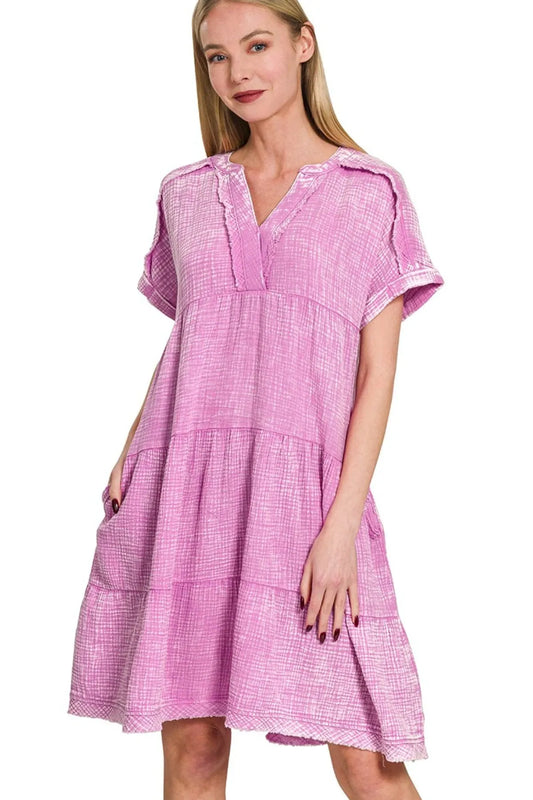 Washed Double Gauze Raw Edge V-neck Dress - Bright Mauve - product view 1