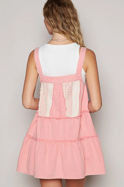 Lace Patchwork Detail Denim Overall Dress in Pink - product view 4