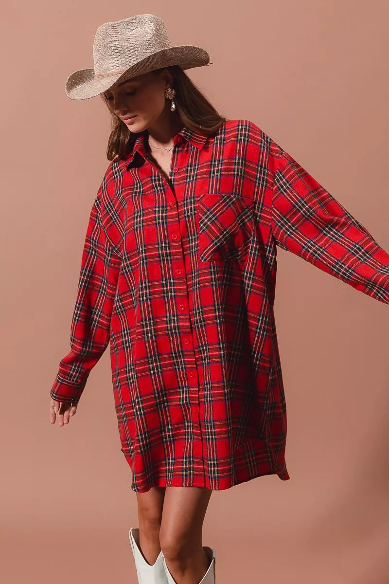 Christmas Checker Plaid Button Up Shirt Dress in Red Multi - product view 2