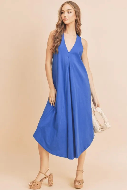 Front Pleat Detail V-Neck Sleeveless Midi Dress in Royal Blue - product view 3