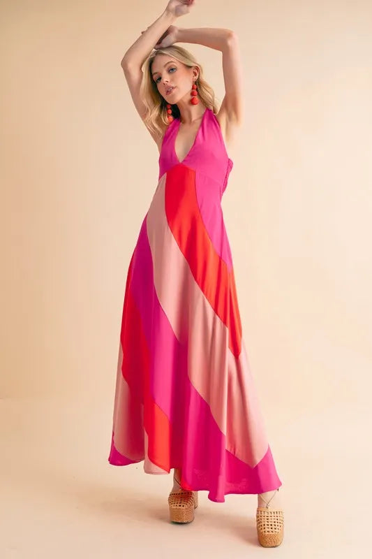 Color Block Sleeveless Maxi Dress in Pink Combo - product view 6