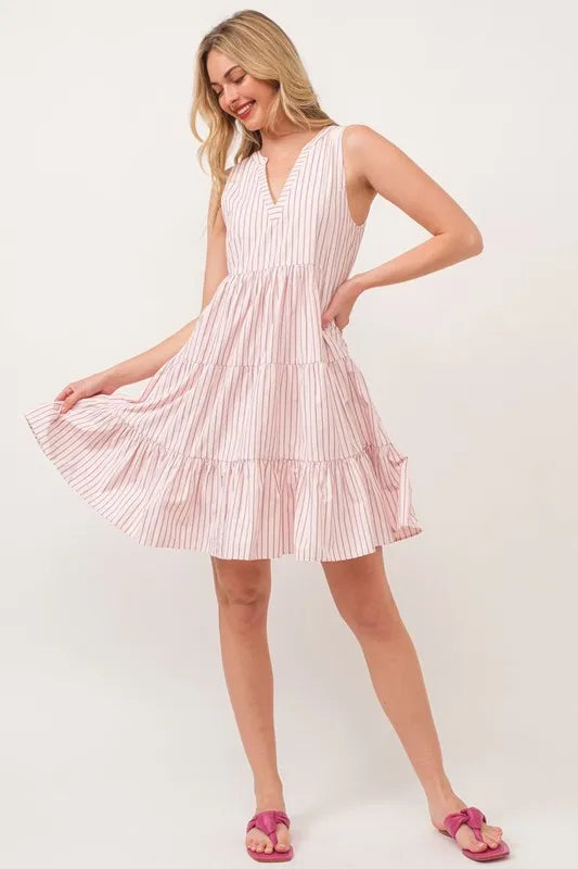 Striped Sleeveless V-Neck Tiered Dress in Pink - product view 1