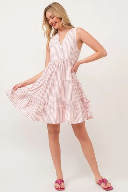 Striped Sleeveless V-Neck Tiered Dress in Pink - product view 1