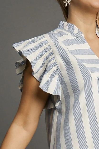Full Size Striped Notched Ruffled Cap Sleeve Mini Dress Plus Size in Light Blue - product view 3
