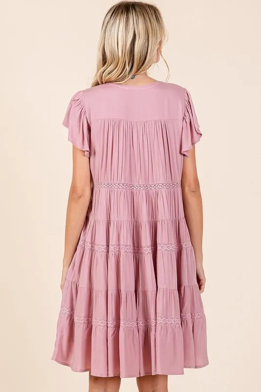 Lace Detail Ruffled Button Down Tiered Dress - Dusty Pink - product view 4