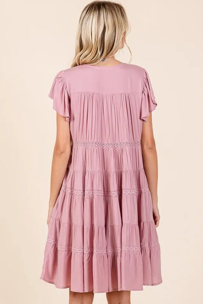 Lace Detail Ruffled Button Down Tiered Dress - Dusty Pink - product view 4