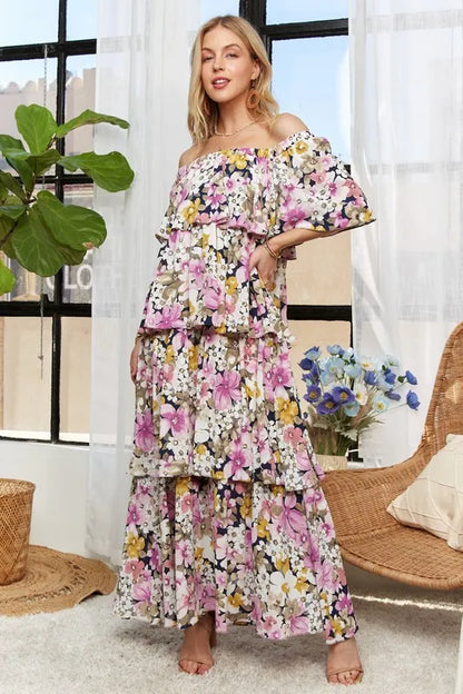 Layered Floral Off-Shoulder Short Sleeve Maxi Dress - Mauve - product view 9