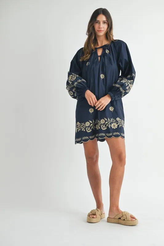 Embroidered Long Sleeve Peasant Mini Dress in Navy - product view 10