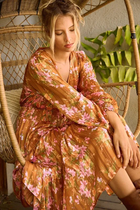 Flower Print Satin Lurex Stripe Smocked Midi Dress in Terracotta - product view 2