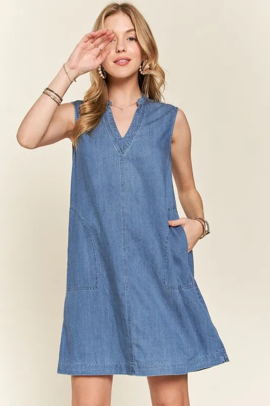 Notched Sleeveless Denim Dress with Pockets in Medium - product view 2