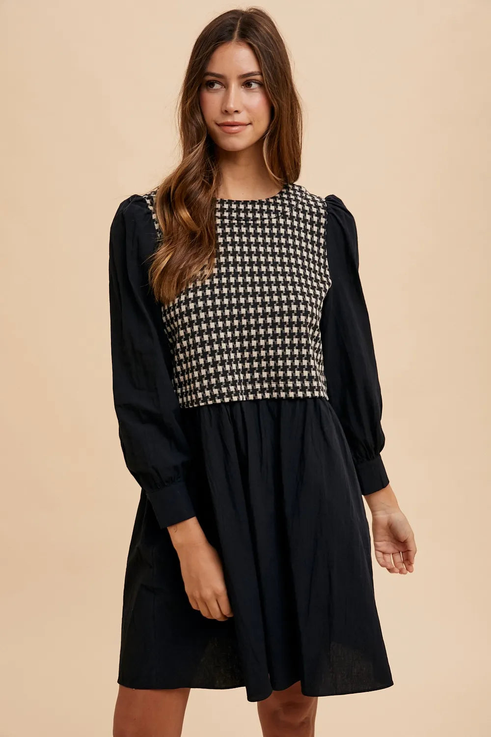 Tie Back Plaid Round Neck Mini Dress in Black - product view 1