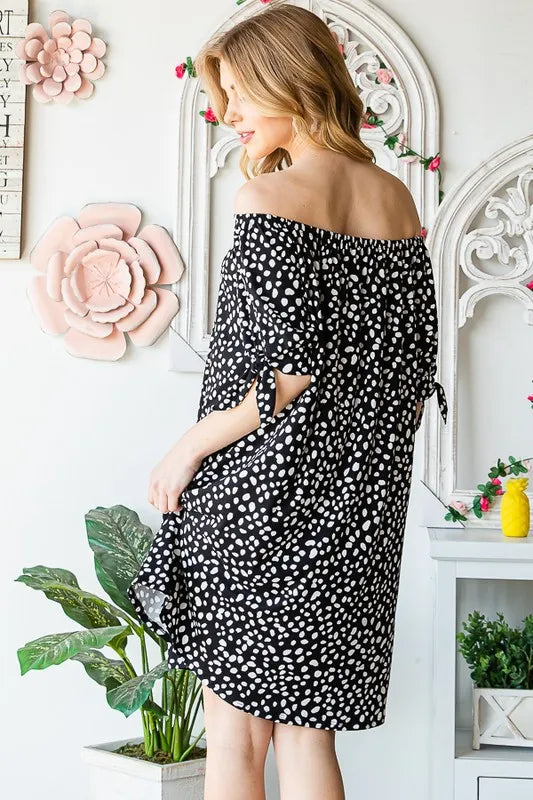 Full Size Short Sleeve Off Shoulder Animal Mini Dress Plus Size in Black/Ivory - product view 12