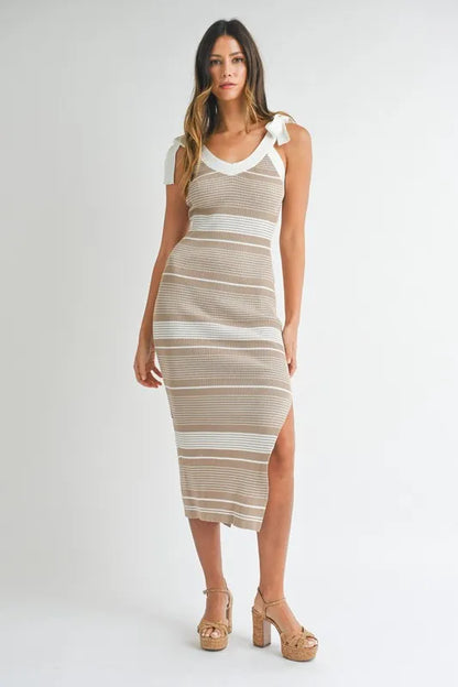 Striped Rib Knit Midi Dress in Lt Taupe - product view 1