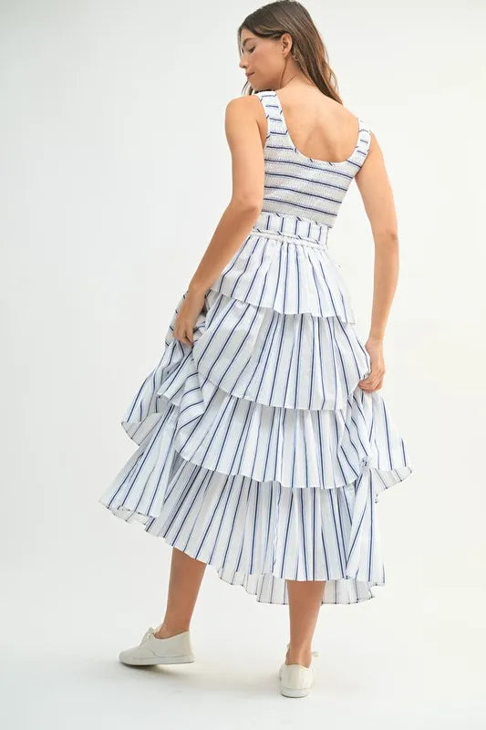 Pin Stripe Smocked Bodice Layered Midi Dress in Off White - product view 4