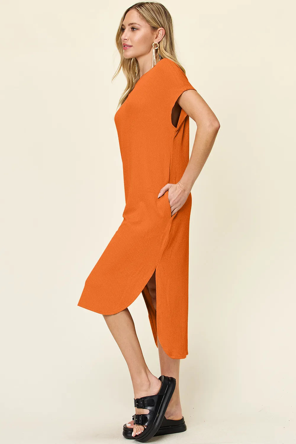 Full Size Round Neck Short Sleeve Slit Dress in Sky Blue and Tangerine - product view 6
