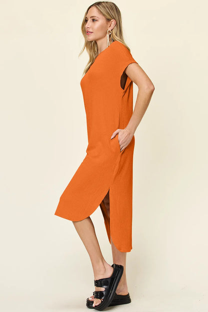 Full Size Round Neck Short Sleeve Slit Dress in Sky Blue and Tangerine - product view 6