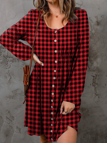 Full Size Plaid Round Neck Long Sleeve Magic Dress in Deep Red - product view 3