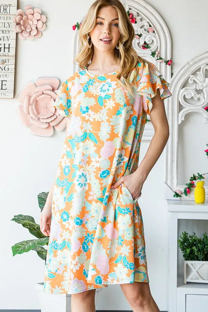 Full Size Ruffled Short Sleeve Floral Mini Dress Plus Size in Orange - product view 8