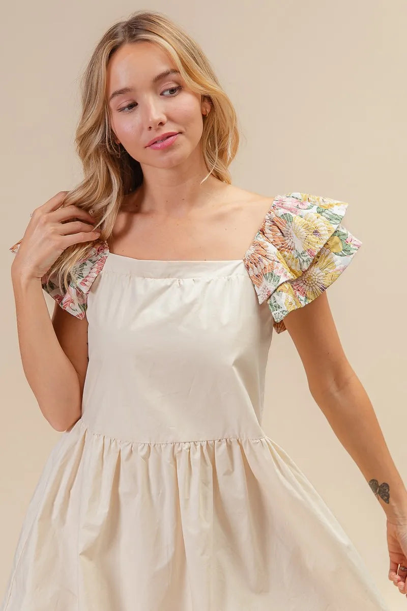 Flower Embroidered Floral Print Sleeve Dress in Oatmeal - product view 10