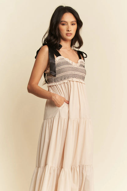 Multi Contrast Smocked Bodice Straps Maxi Dress in Beige - product view 7