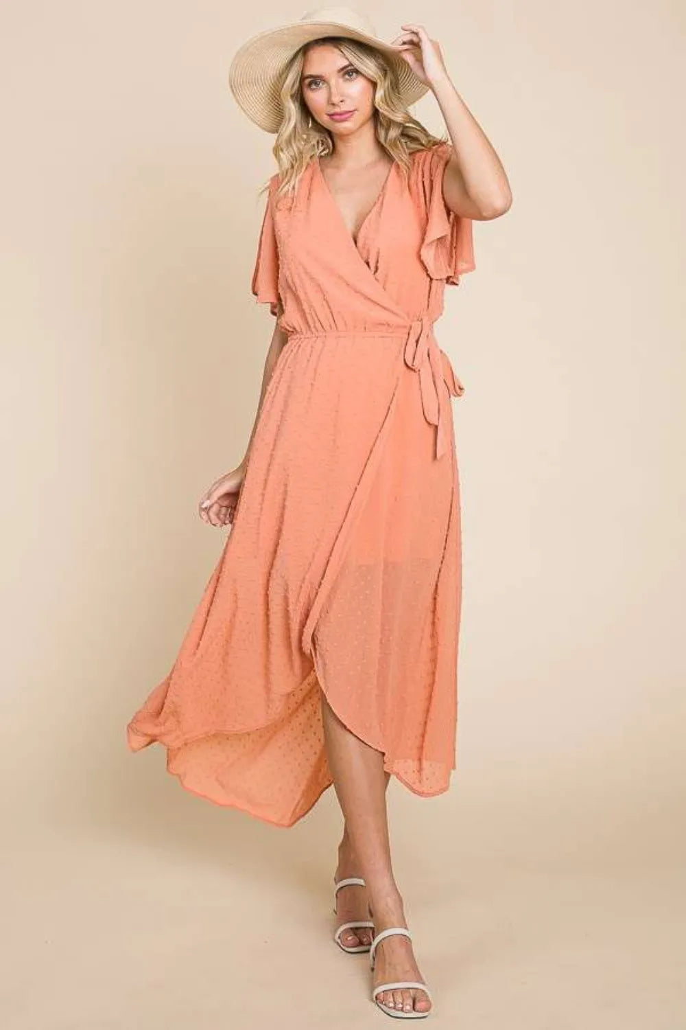 Full Size Swiss Dot Tied Slit Short Sleeve Dress in Cocoa - product view 3