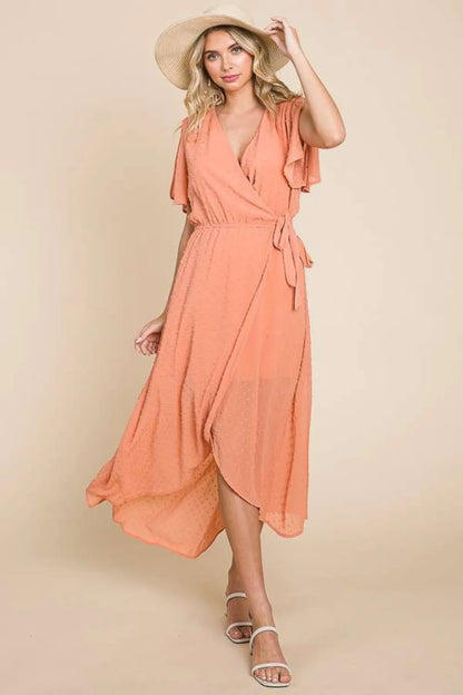 Full Size Swiss Dot Tied Slit Short Sleeve Dress in Cocoa - product view 3