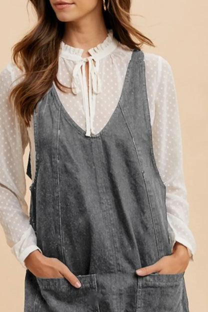 V-Neck Adjustable Strap Denim Overall Dress with Pockets - Charcoal - product view 2