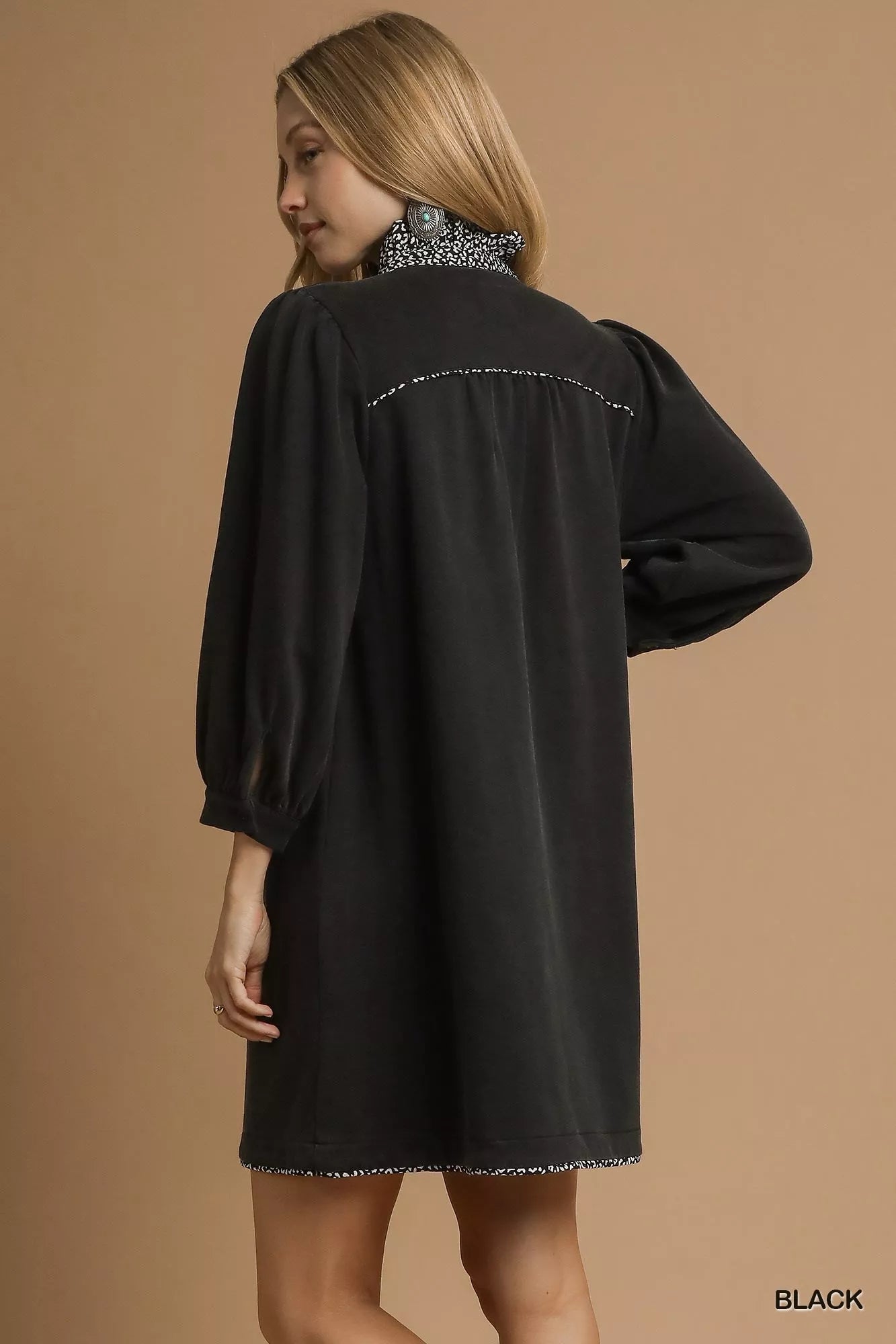 French Terry Balloon Sleeve Shift Dress with Leopard Print Detail - Black - product view 3