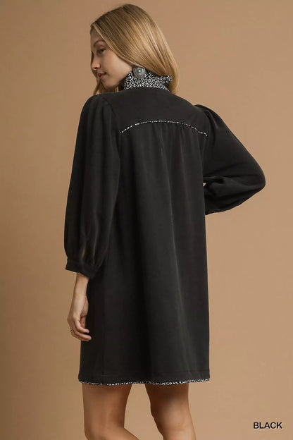 French Terry Balloon Sleeve Shift Dress with Leopard Print Detail - Black - product view 3