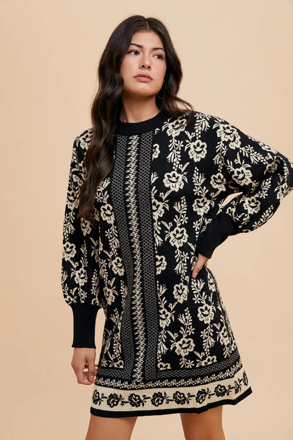 Floral Jacquard Round Neck Sweater Dress in Black/Oatmeal - product view 4