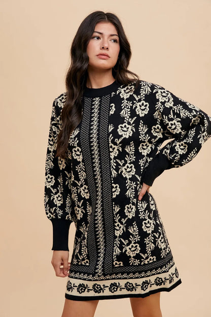 Floral Jacquard Round Neck Sweater Dress in Black/Oatmeal - product view 4