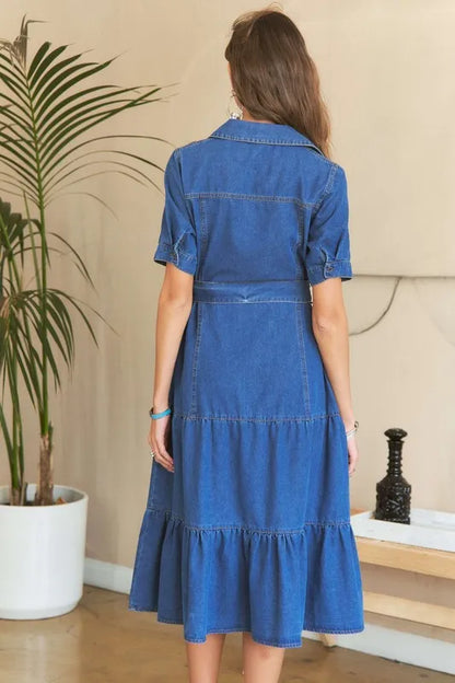 Tiered Button Down Tie Waist Short Sleeve Denim Dress in Dark - product view 4