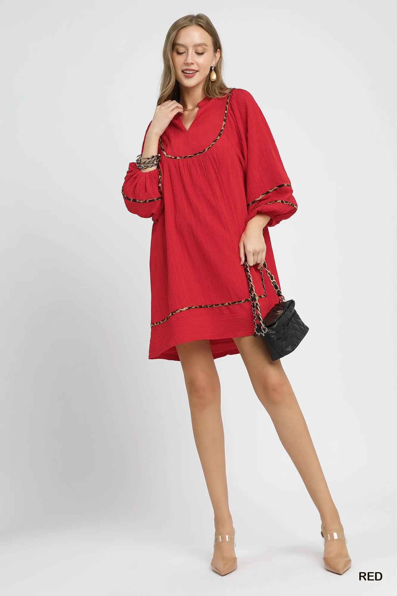 Textured Babydoll Dress with Leopard Trim - Red - product view 2