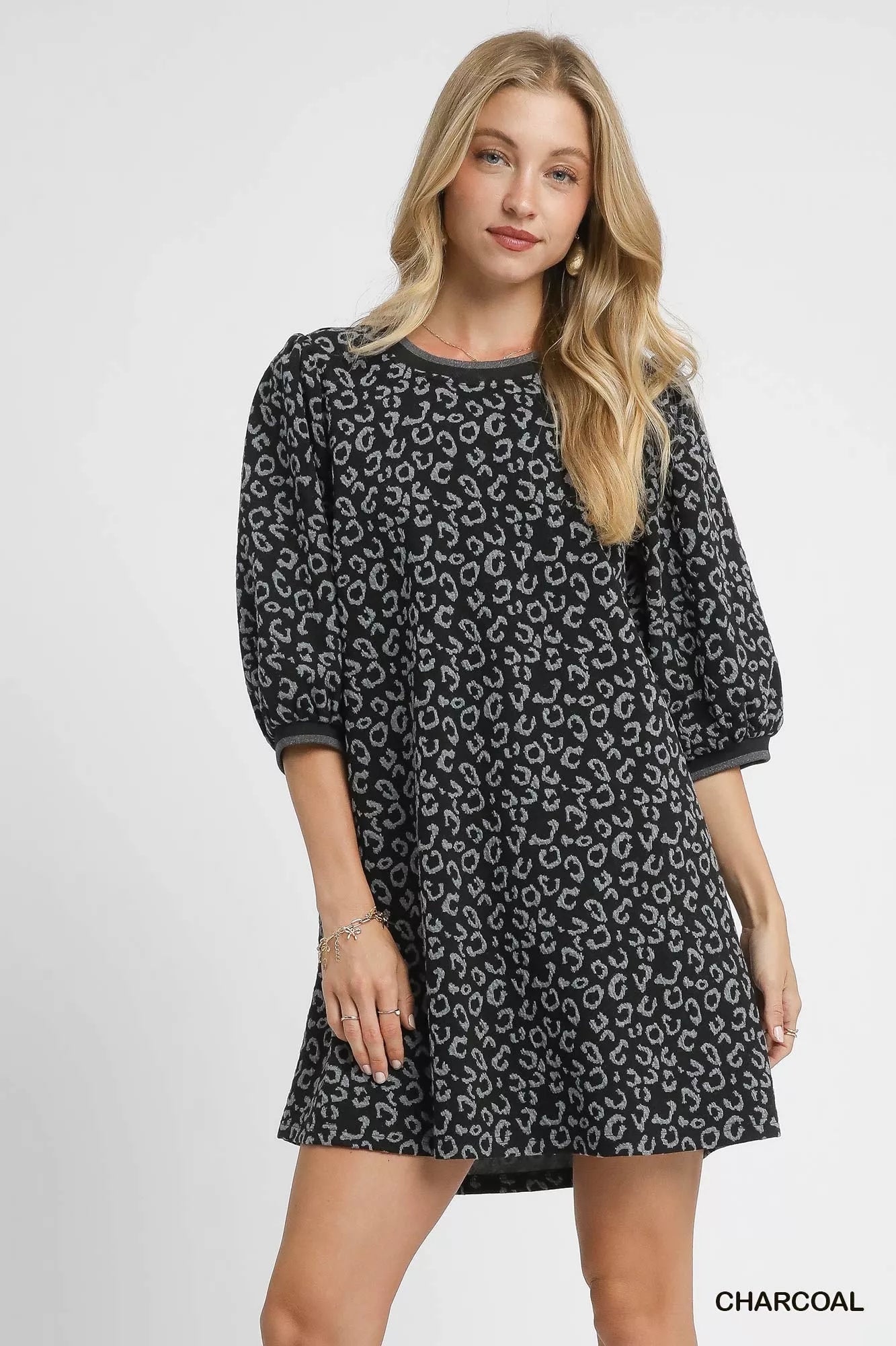 Leopard Print Jacquard Mini Dress in Charcoal - product view 1