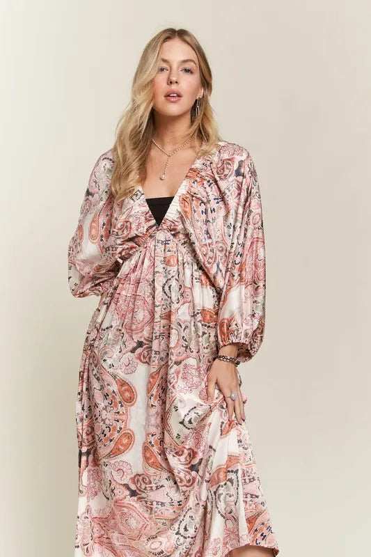 Printed V-Neck Batwing Sleeve Dress - Pale Blush - product view 6