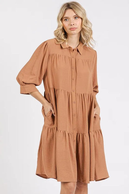 Button Detail Collared Neck Tiered Shirt Dress - Ochre - product view 1