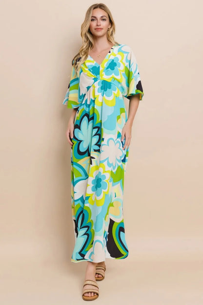 Floral Printed Slit Maxi Dress in Blue Yellow - product view 4