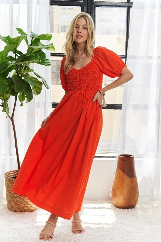 Popcorn Smocked Puff Sleeve Dress in Orange-Red - product view 3