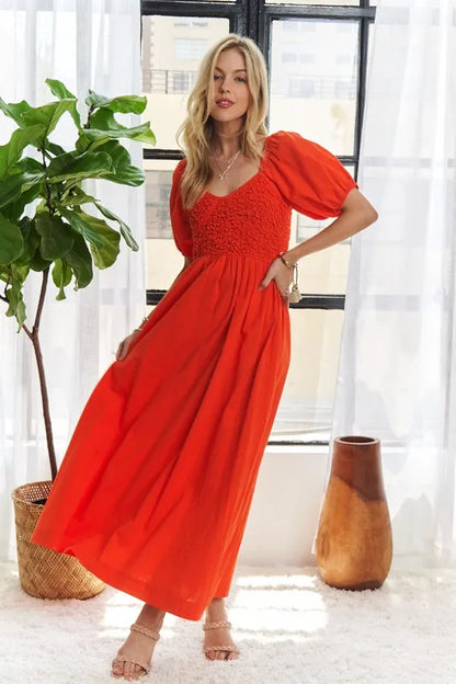 Popcorn Smocked Puff Sleeve Dress in Orange-Red - product view 3