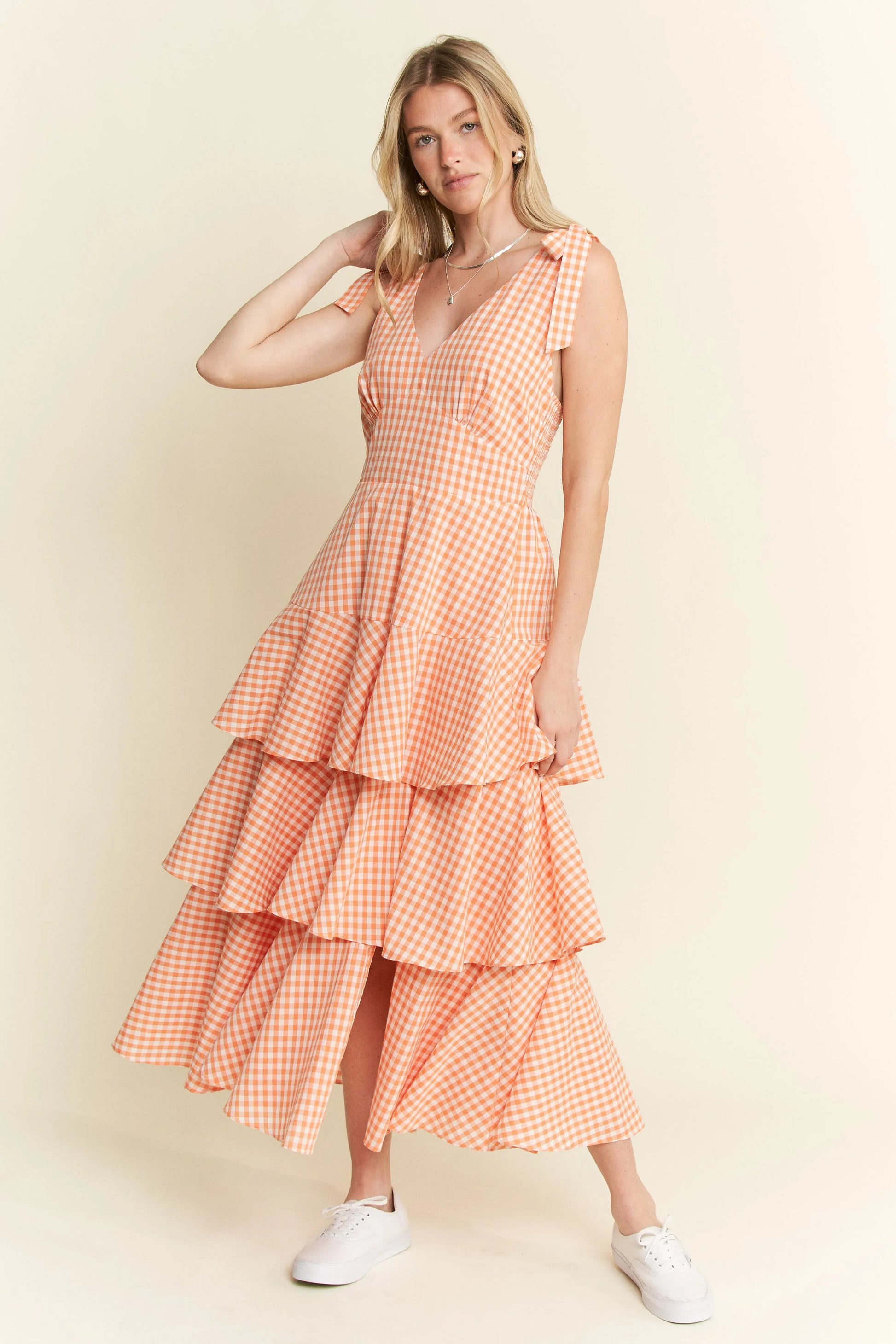 Sleeveless Gingham Print Tiered Midi Dress in Orange - product view 1