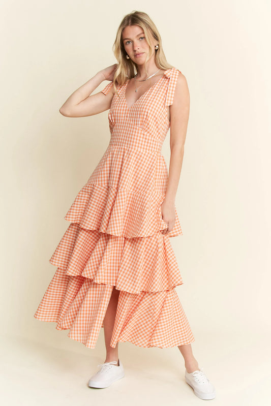 Sleeveless Gingham Print Tiered Midi Dress in Orange - product view 1