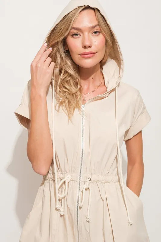 Short Sleeve String Details Hooded Mini Dress in Almond - product view 8
