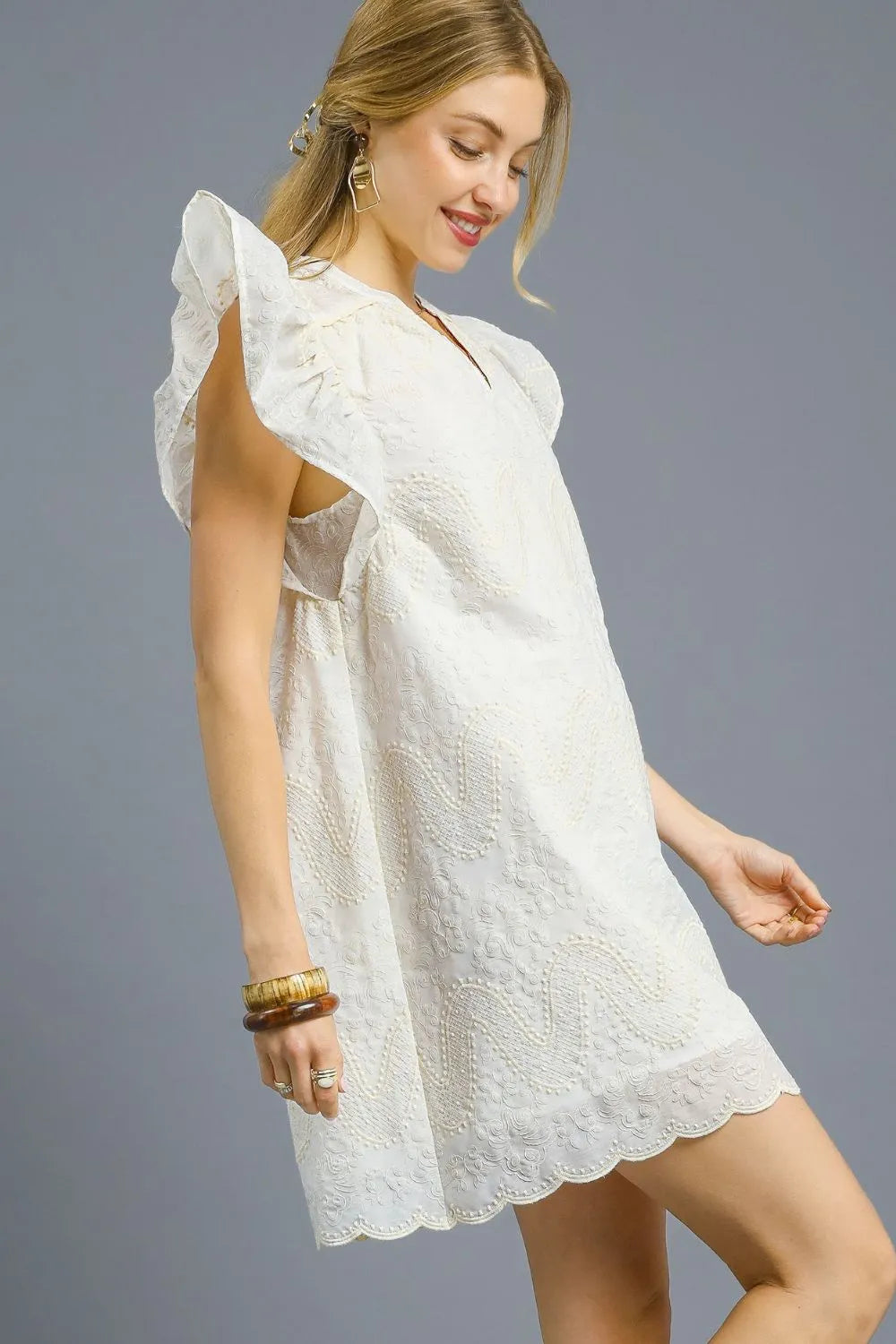Scalloped Hem Embroidered Mini Dress in White - product view 3