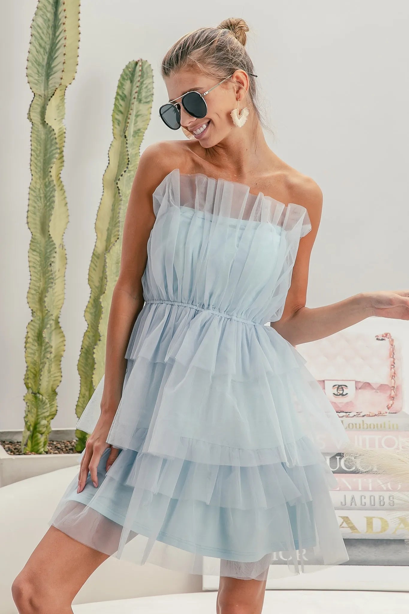 Sleeveless Layered Organza Dress in Sky Blue - product view 5
