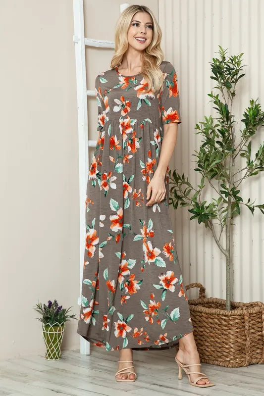 Floral Round Neck Short Sleeve Maxi Tee Dress in Coffee Brown - product view 2