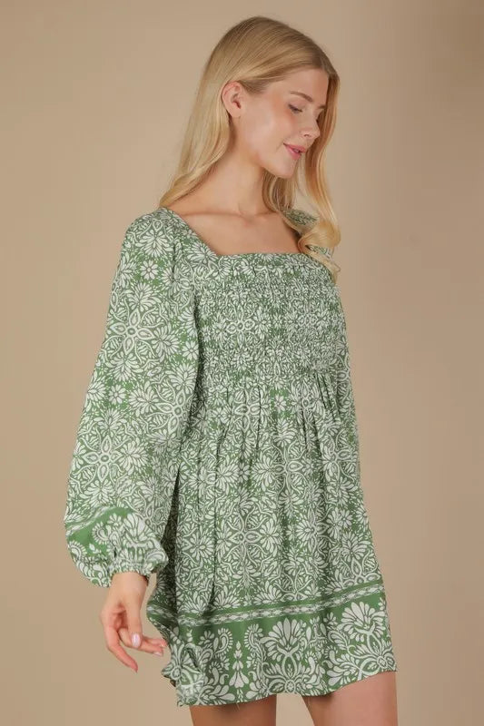 Printed Smocked Chest Boho Mini Dress - Green - product view 3