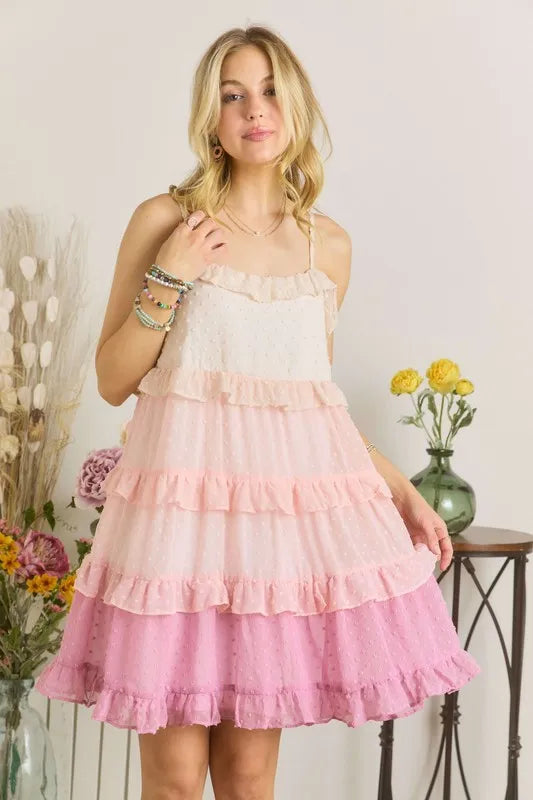 Swiss Dot Ruffled Tiered Mini Dress - Mauve Multicolor - product view 3