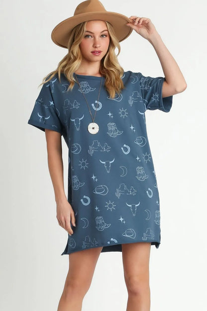 Full Size French Terry Short Sleeve Round Neck Dress Plus Size - Peacock Blue - product view 1