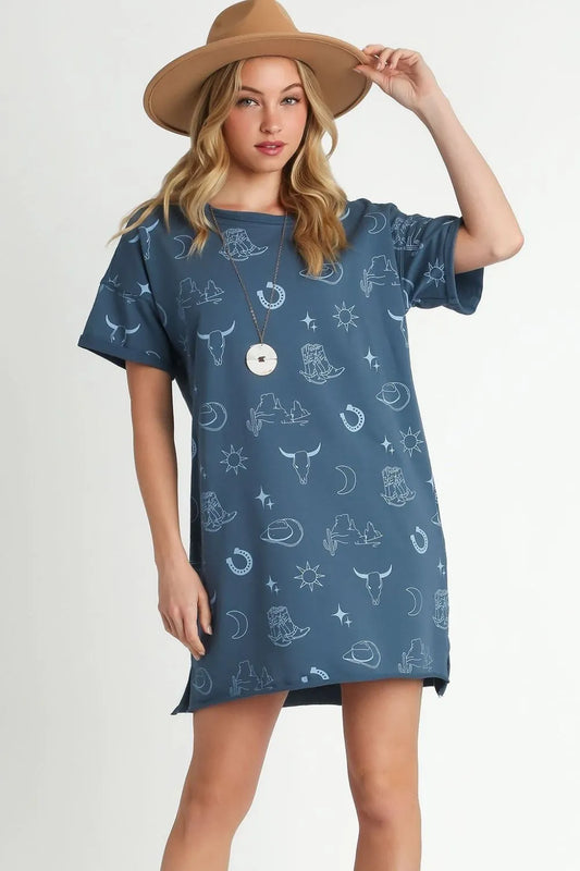 Full Size French Terry Short Sleeve Round Neck Dress Plus Size - Peacock Blue - product view 1