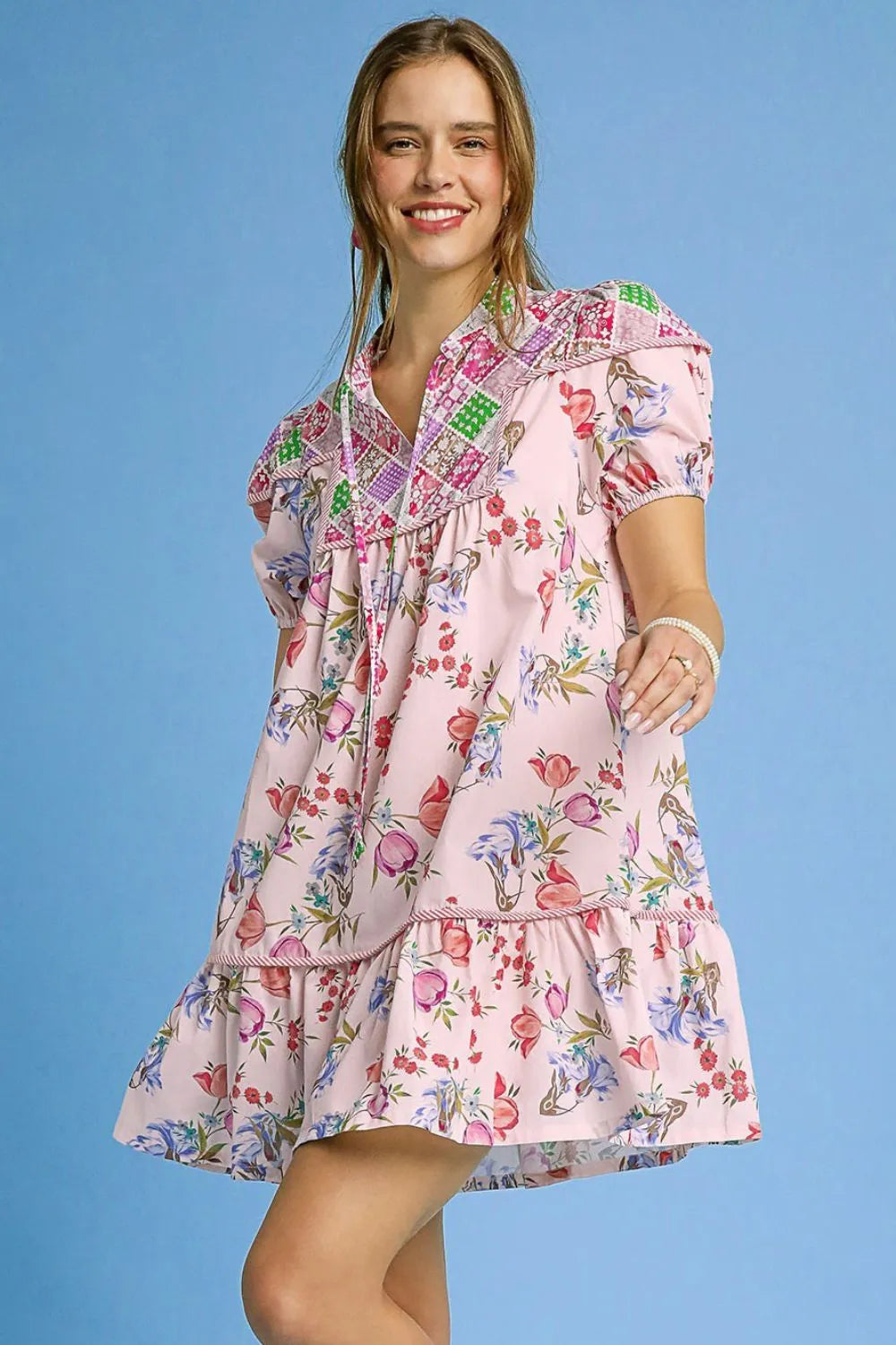 Floral Print Tie Neck Puff Sleeve Dress - Pink - product view 1